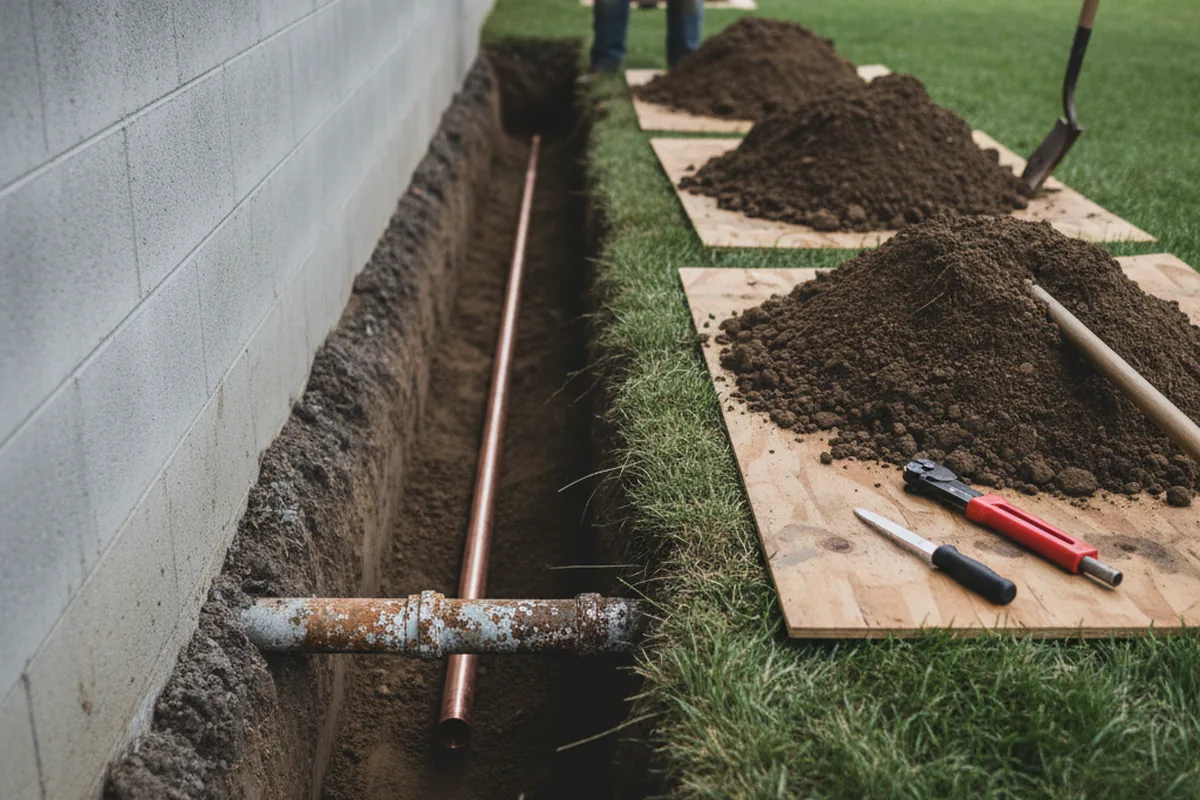 Excavated water line trench during Water Heater Repair in Palmer
